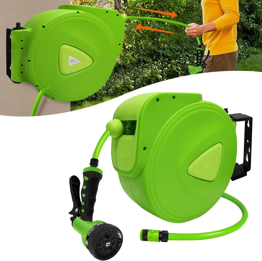 Avvolgitubo da giardino, 20 m, avvolgitubo da 3/4 pollici, con doccetta multifunzione, rullo girevole a 180°, con sfera di arresto, colore verde