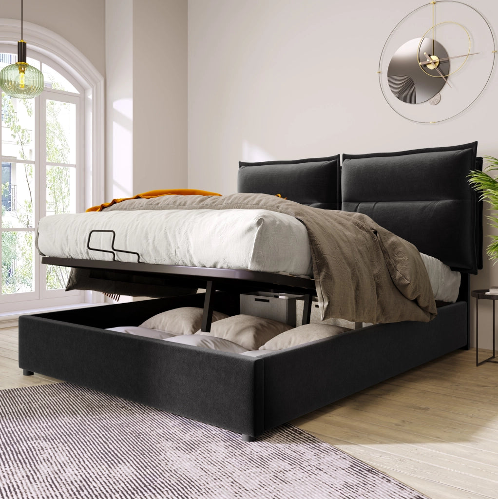 Letto imbottito 140x200 cm con contenitore e testiera regolabile; nero