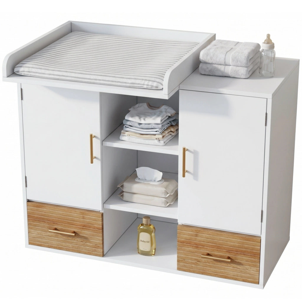 Cassettiera fasciatoio multifunzione con armadietto contenitore, cassetti e ripiani, 114 x 53 x 92 cm