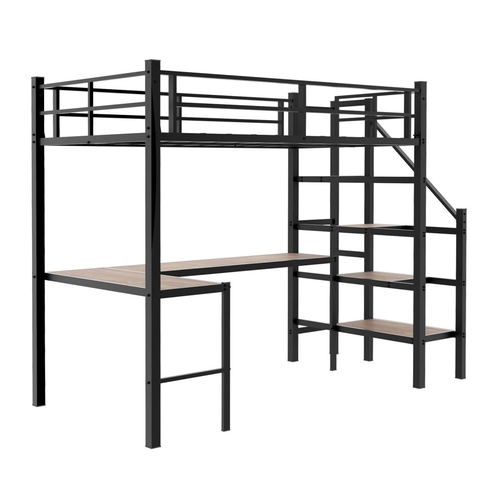 Letto a soppalco con scrivania a L; scala con vani portaoggetti in ferro nero