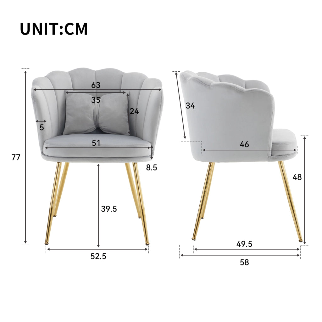 Fauteuil in velluto con schienale a petalo, cuscini e gambe in metallo dorato, grigio set 2 pezzi