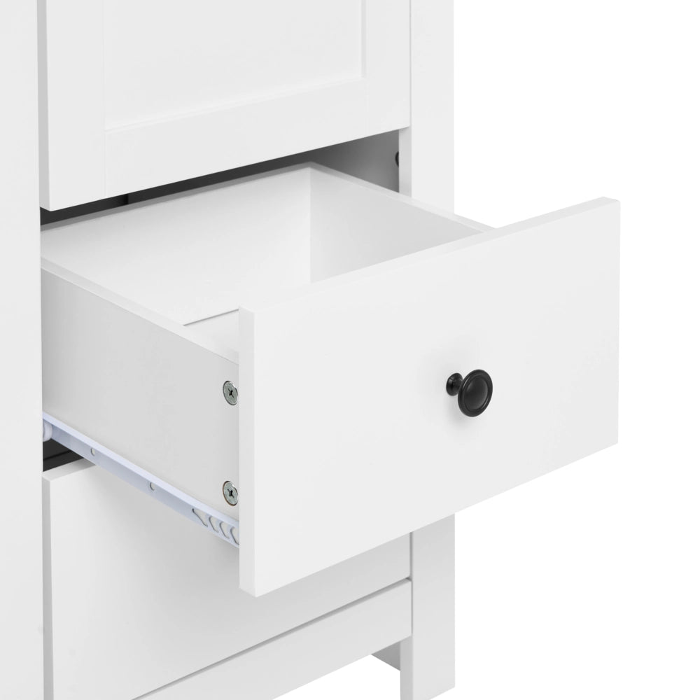 Vetrina bianca in MDF, 80 cm, vetrina alta con ante in vetro e cassetti, stile rustico-country