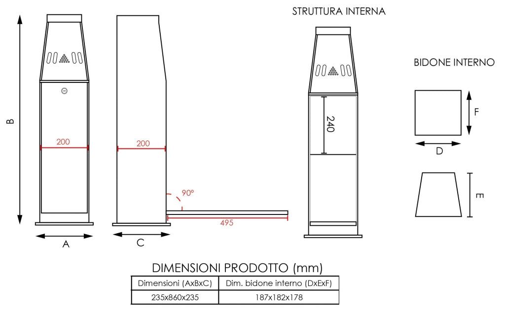 Posacenere a Colonna 23,5x86x23,5 cm in Metallo Nero 5L per Interno Esterno