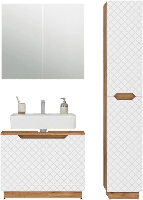 Set di mobili da bagno Lotta, Rovere/bianco con struttura in piastrelle, 3 parti