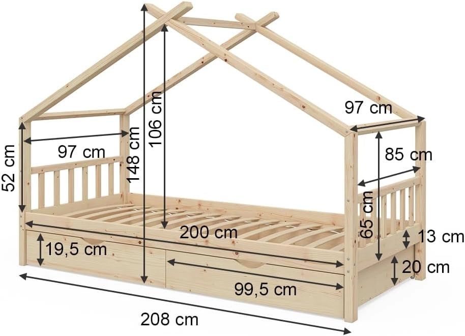 Letto montessori bambini Design, Legno naturale, 90x200 cm con 2 cassetti e materasso, con sponda anticaduta e rete a doghe per un sonno sicuro