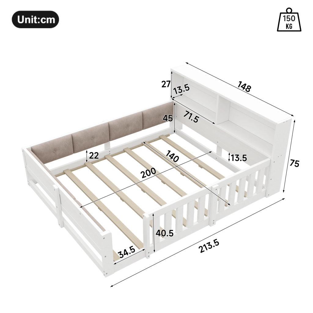 Letto bambino 140×200 cm con testiera contenitore; LED e sponde di sicurezza; senza materasso; bianco
