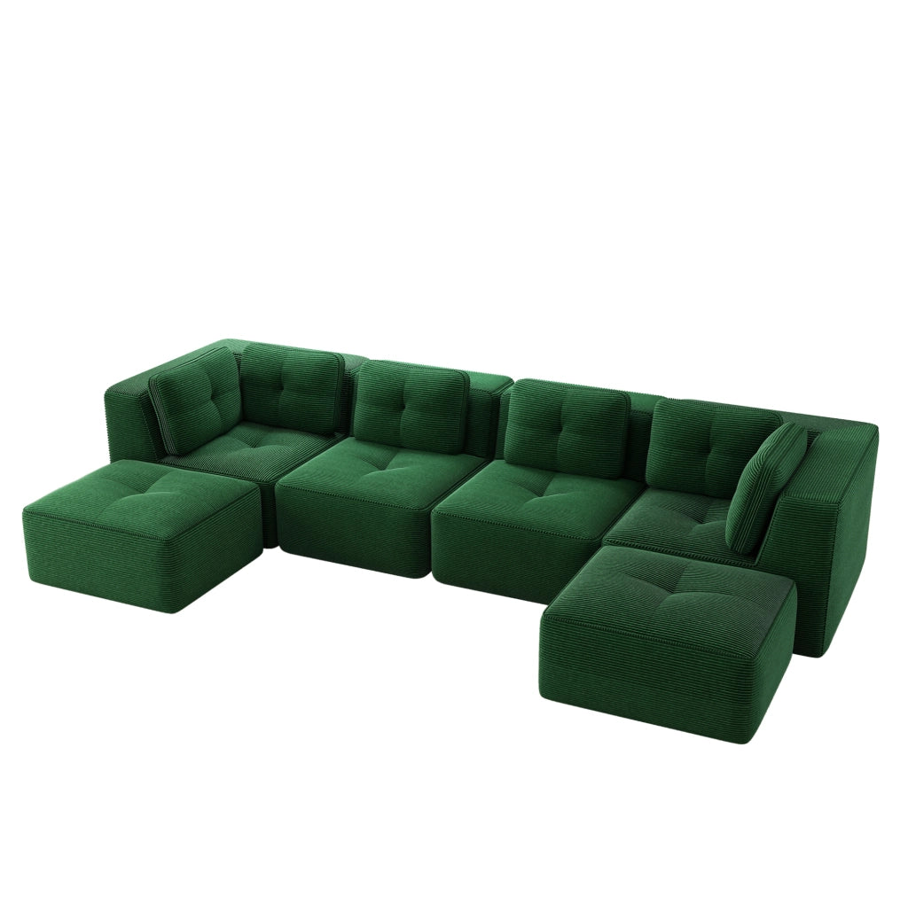Divano modulare a U 386x104x69 cm in tessuto a coste verde con ottomana