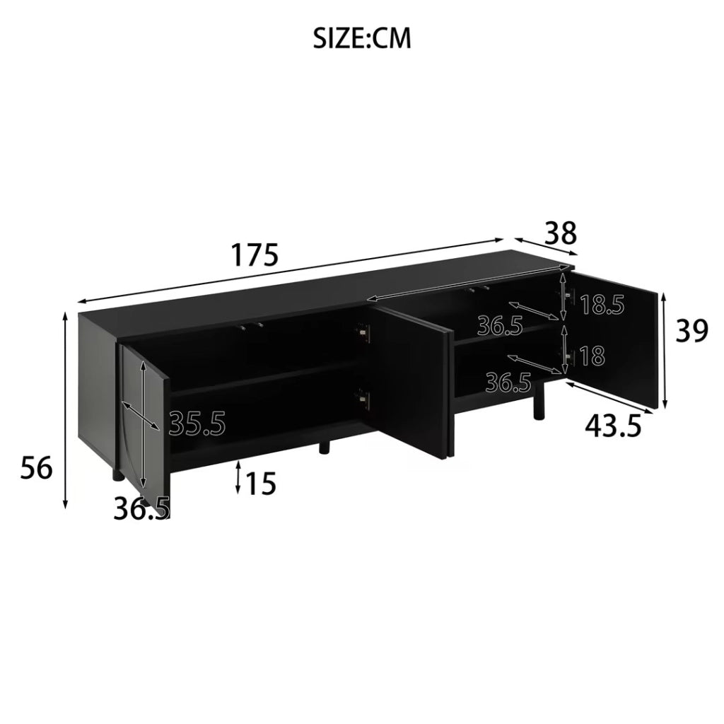 Mobile porta TV 175x38x56 cm; 4 ante push-to-open; MDF e truciolare nero