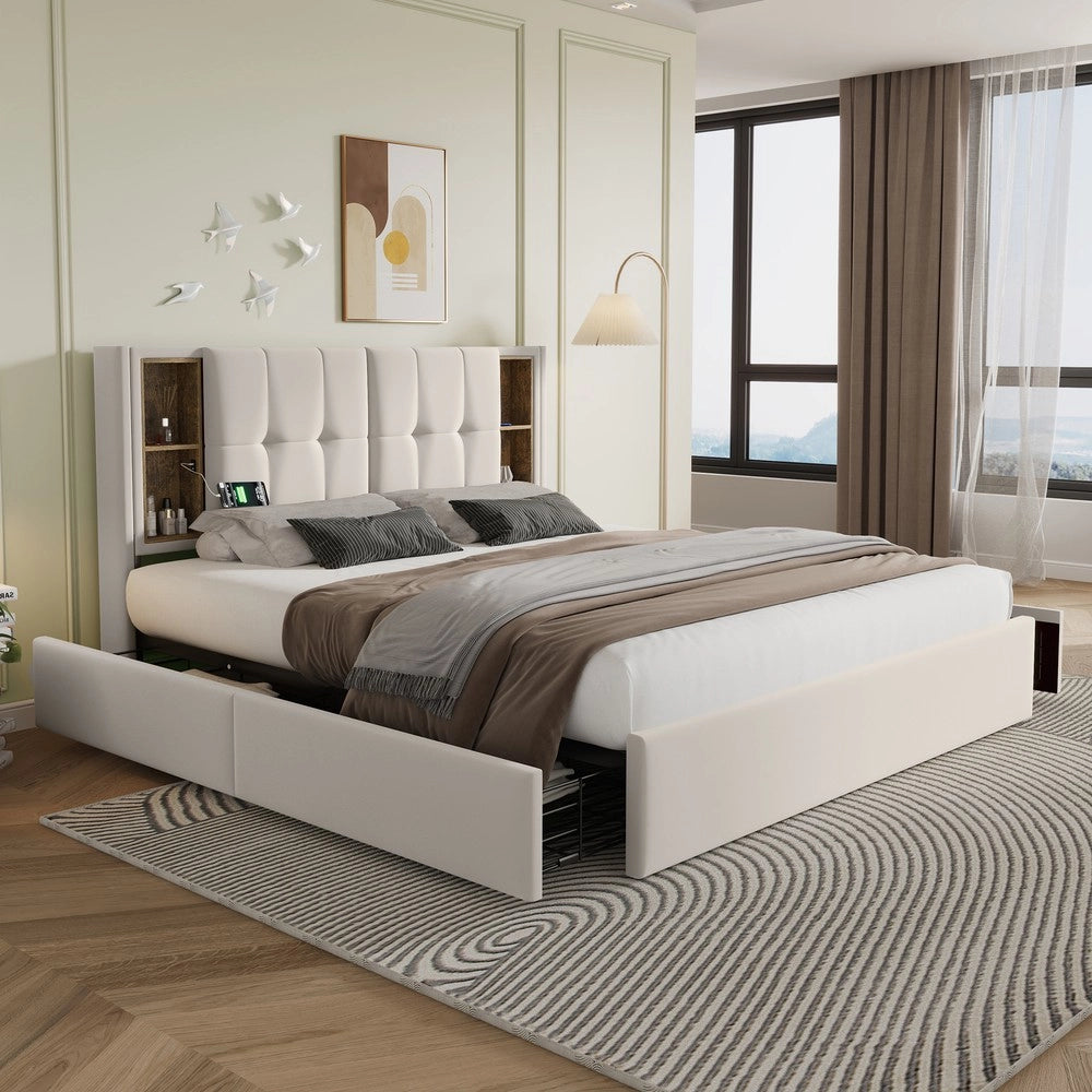 Letto Matrimoniale Imbottito con Cassetti e Ricarica USB ¨C MINIMAL ¨C Velluto Beige 160x200