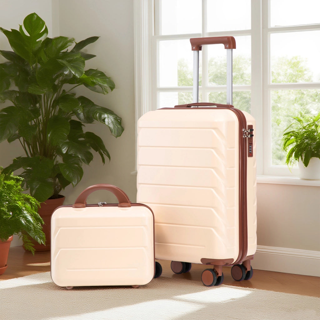 Set di 2 valigie girevoli in ABS da 14"/19" con lucchetto a combinazione e trousse da 14" (beige)