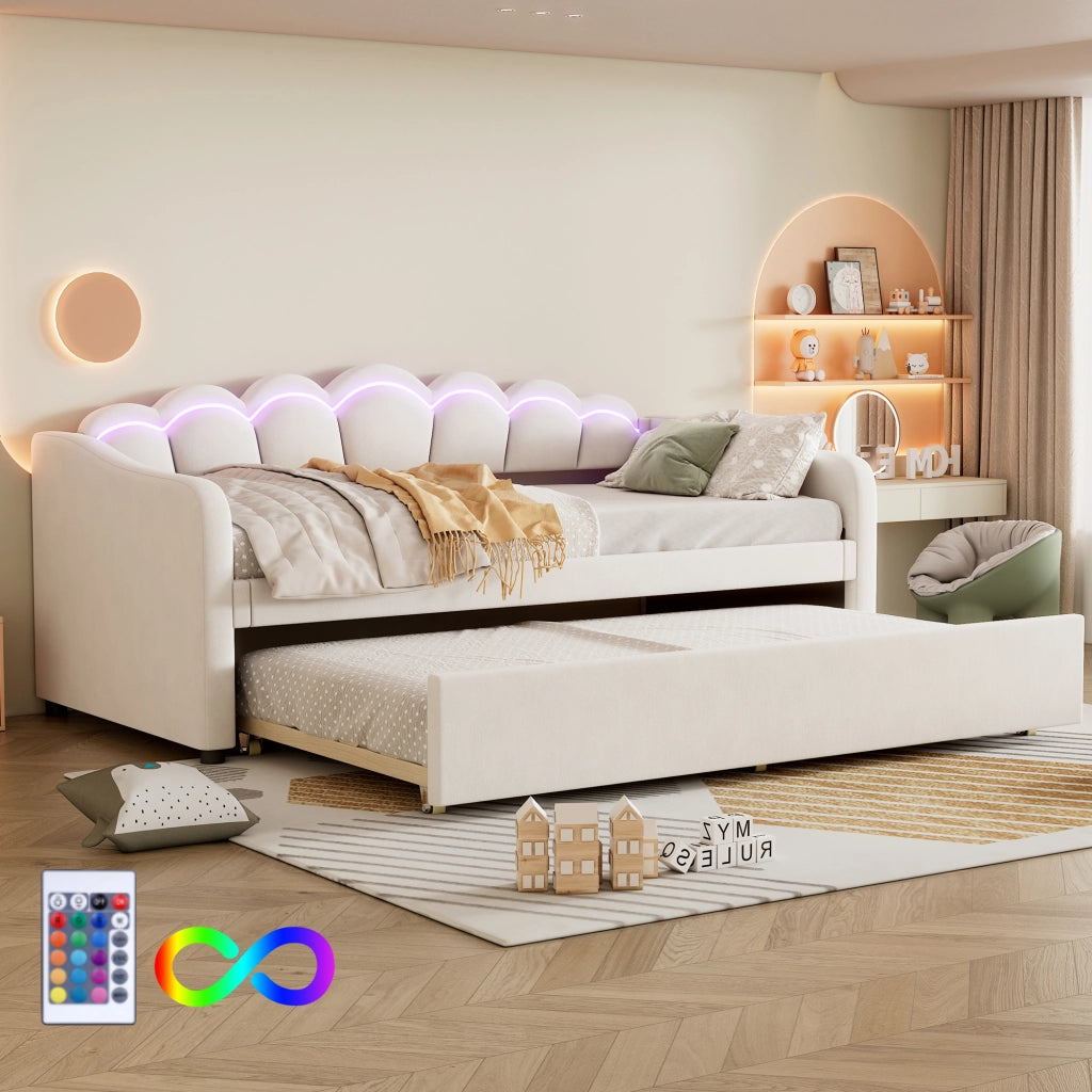 Letto singolo 90×200 cm con letto estraibile e LED regolabile per camera da letto; senza materasso; velluto; beige