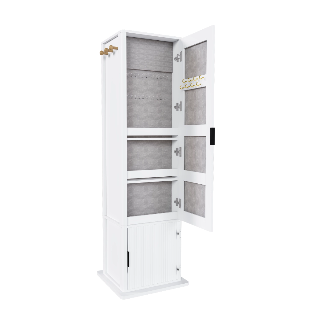 Mobile con specchio girevole con portagioielli; libreria aperta e 6 ganci per camera da letto; 50×50×170 cm bianco