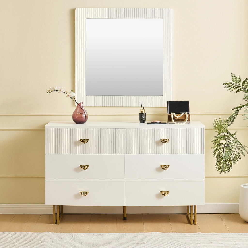 Set di Mobili da Soggiorno con 1 Credenza 6 Cassetti e 1 Specchio da Parete Quadrato; Contenimento; per Ingresso e Camera; MDF; Bianco