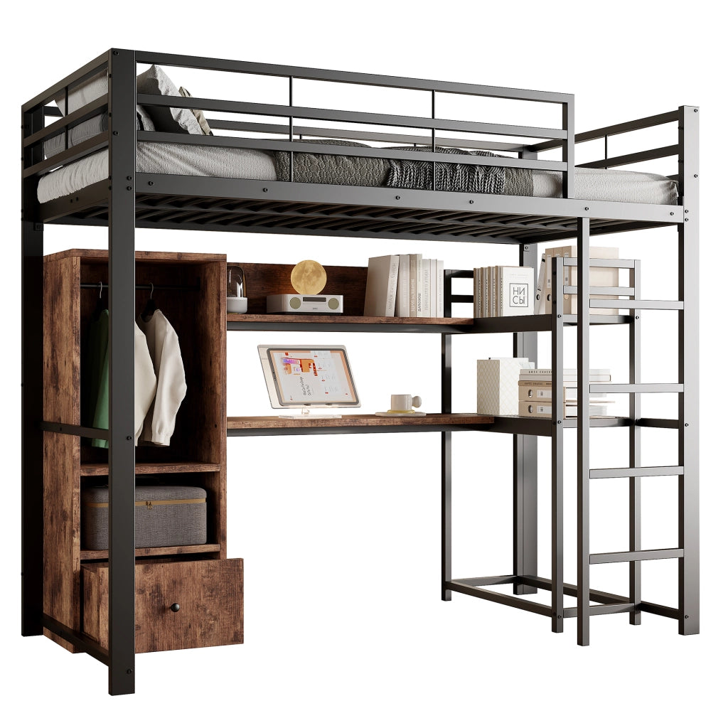 Letto a castello nero in metallo e MDF con illuminazione LED scrivania cassetti scaffali 90x200cm