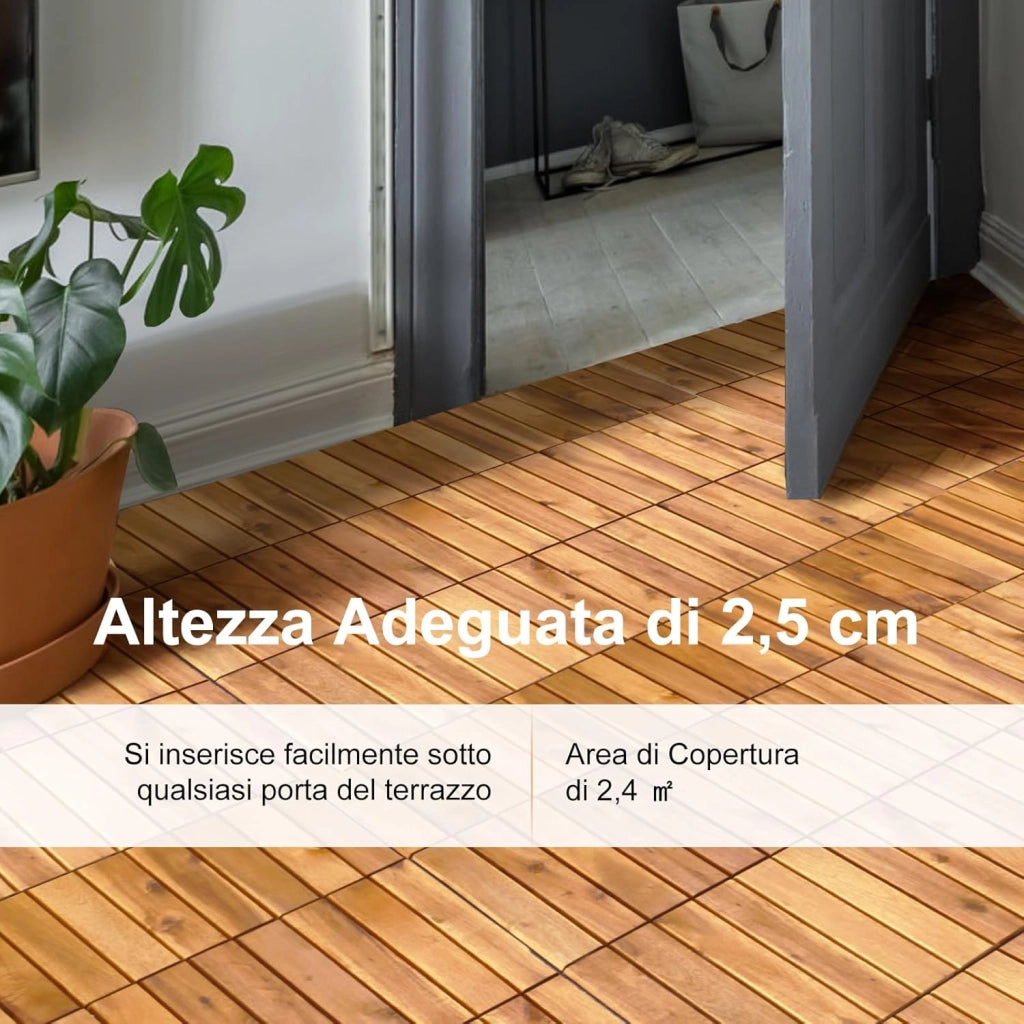 Pavimento Esterno in Legno di Acacia, 27 Piastrelle 30 x 30 cm, Senza Attrezzi, Superficie 2,43 ㎡, Mattonelle in legno per Interno Esterno Balcone Soggiorno (Stile 2)