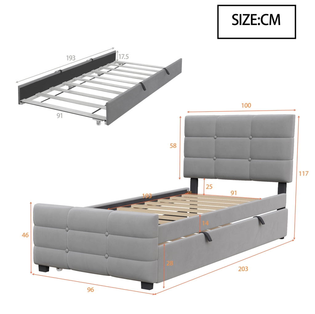 Letto imbottito singolo 90x190 cm con letto estraibile; in velluto grigio