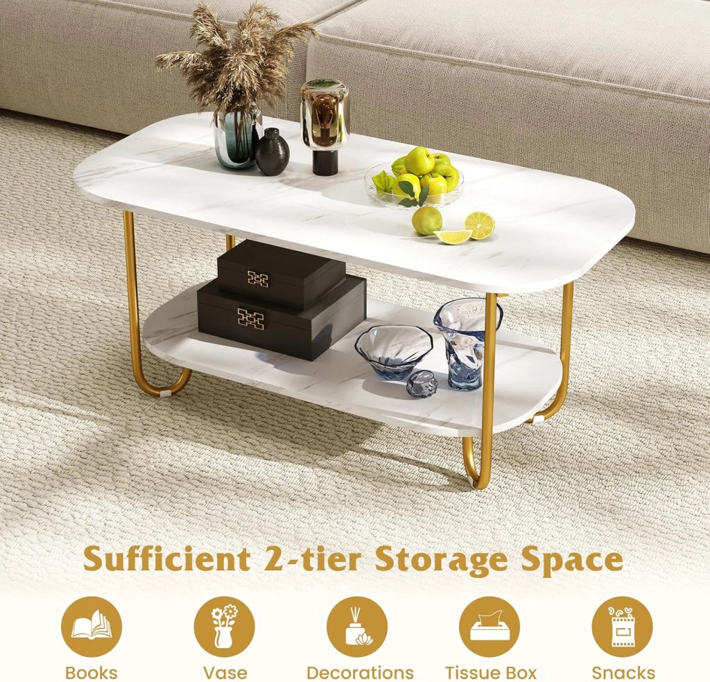 Tavolino da salotto dorato a 2 livelli, tavolino da caffè in marmo finto con angoli arrotondati, gambe antiscivolo, design rettangolare, per soggiorno, ufficio, appartamento, 100 x 50 x 45 cm