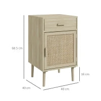 Set 2 Comodini per Camera da Letto con Cassetto e Anta in Rattan Stile Boho, Colore Legno