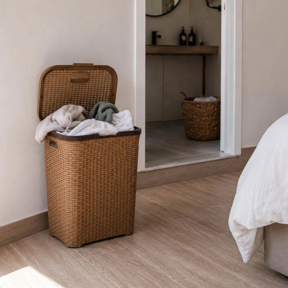 Cesta cestone portabiancheria in plastica con coperchio marrone cm44 x 33 x h 57