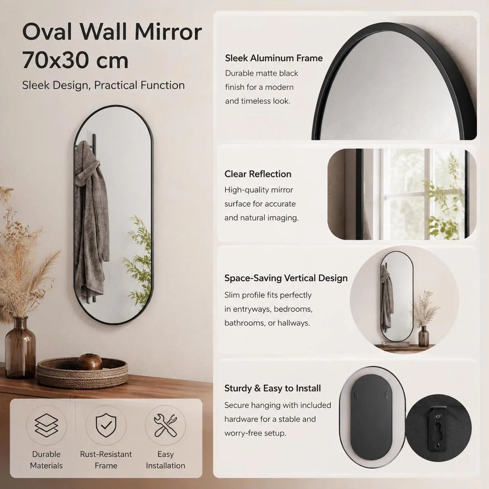 Wall Mirror Black 70x30 Cm Oval