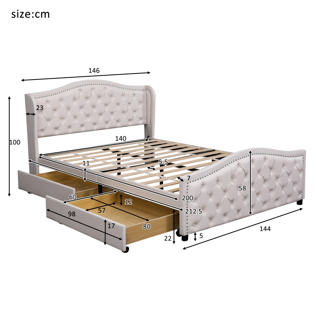 Letto imbottito 140 x 200 cm in PU bianco con rete a doghe, testiera Chesterfield e 2 cassetti contenitore