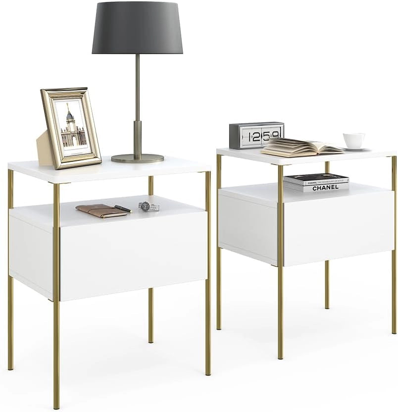 Comodino camera da letto Mira, Bianco/Oro, Set di 2, utilizzabile per riporre oggetti quotidiani e come tavolino d'appoggio