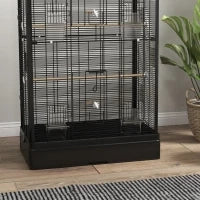 Gabbia per Uccelli con Vassoio Estraibile e Posatoi, Voliera per Pappagalli, 61x36.5x98cm, Nero