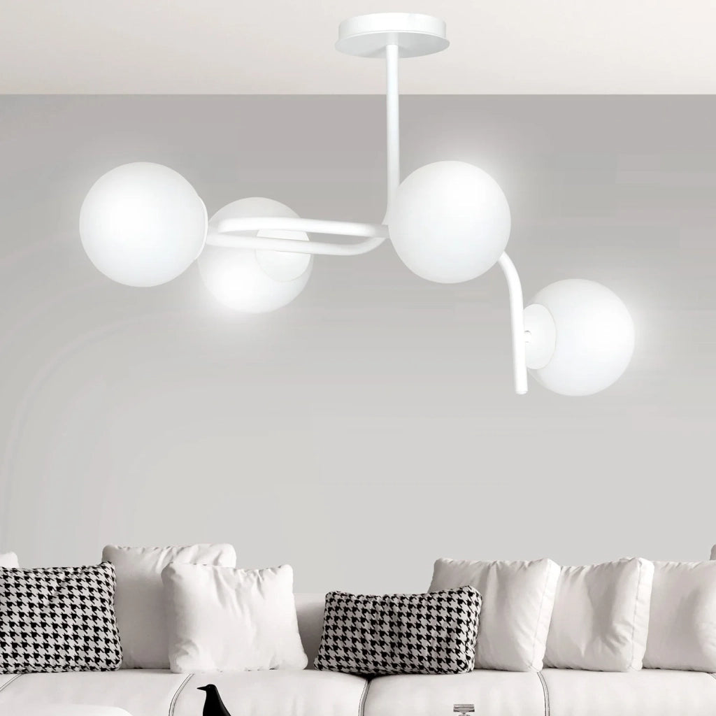 Lampadario 4 Luci Rama In Acciaio Bianco A Bracci Curvi E Sfere In Vetro Opalino
