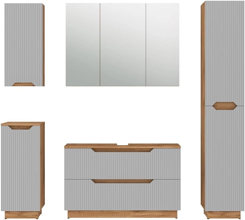 Set di mobili da bagno Lotta, Bianco, 99.4 cm, composto da mobile sottolavabo, specchiera, colonna, base media e pensile