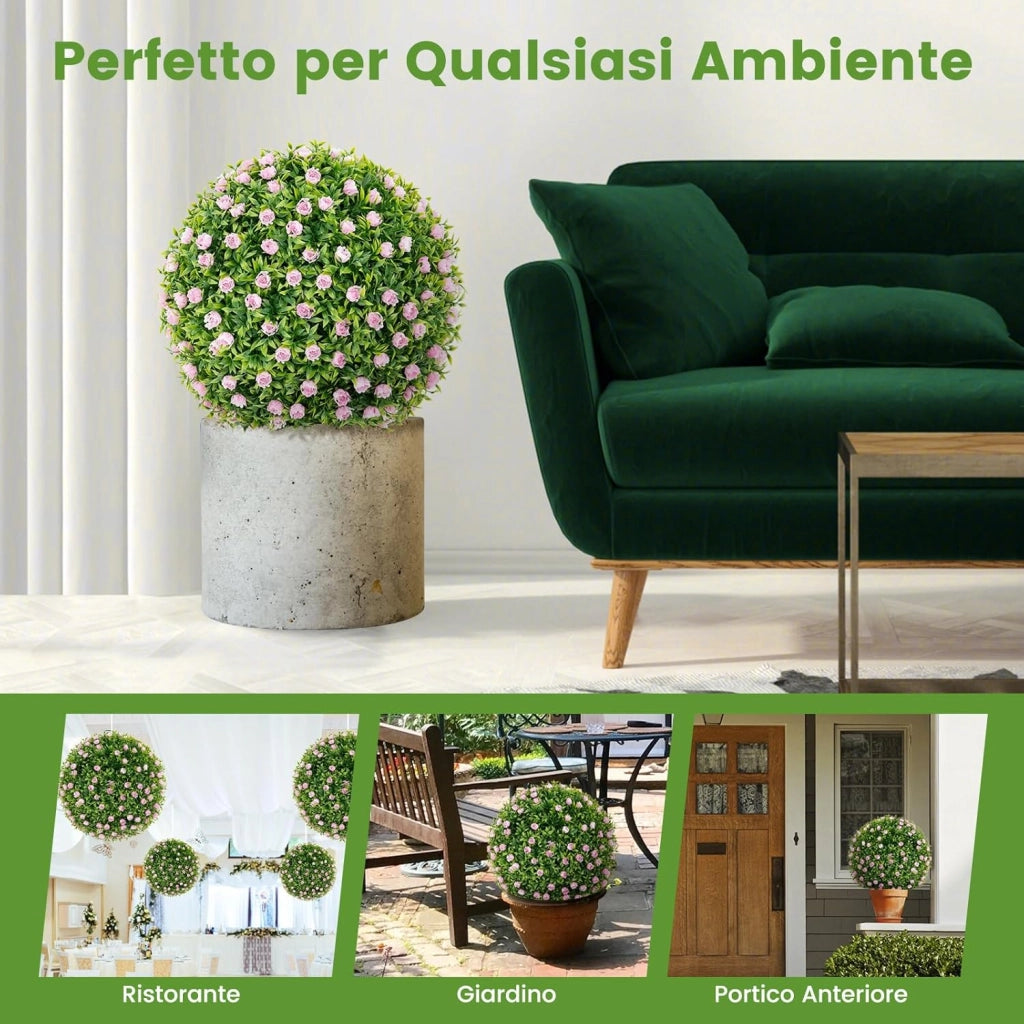 Set di 2 Palla Topiaria con Fiori Finti 37 cm per Vaso, Sfera di Fiori Sintetica in PE da Giardino, Palline di Bosso Artificiali Decorative Realistico Arredamento da Interno ed Esterno