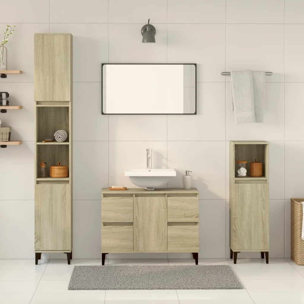 Set Mobili da Bagno | Armadio da bagno 3 pz Rovere Sonoma in Legno Multistrato