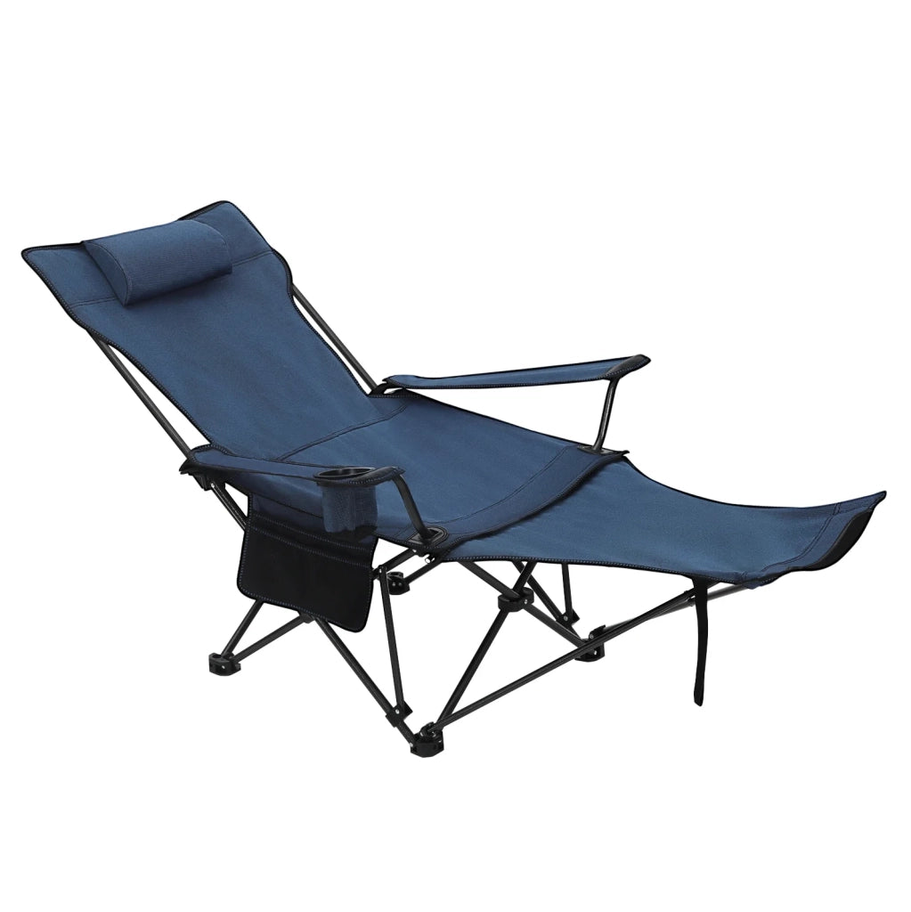 Sedia da campeggio pieghevole regolabile blu con poggiapiedi