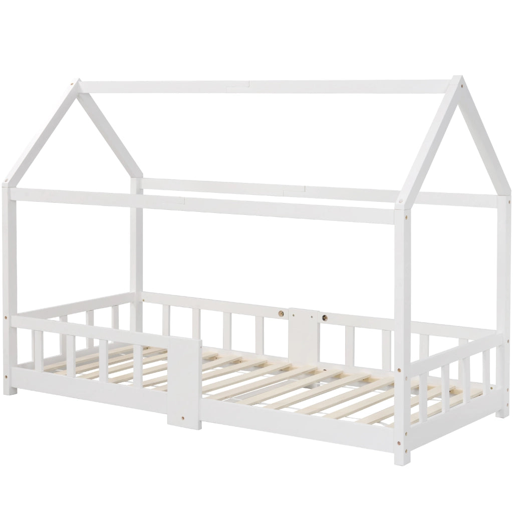 Letto per bambini a casetta 90x200 cm in legno di pino, con lavagna, sponda anticaduta e rete a doghe, bianco