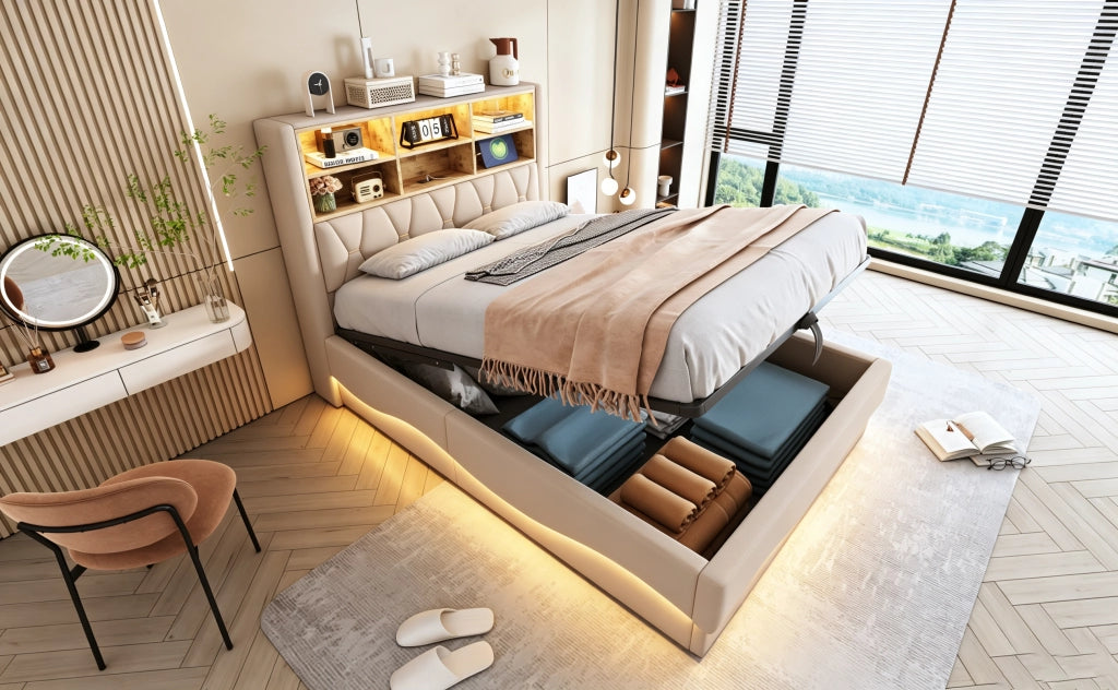 Letto contenitore 140 × 200 cm con LED regolabile, USB, vano integrato, senza materasso, in tessuto lino beige