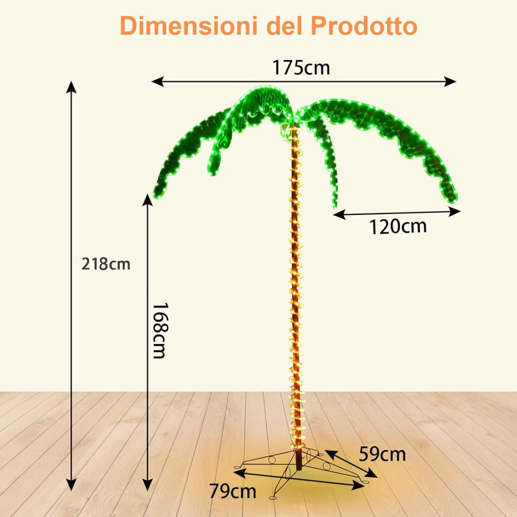 Palma Tropicale con Luci LED 136/168 cm, Illuminazione Esterna con Forma di Palma, con Base Pieghevole, Palma Realistica Decorativa per Feste e Esterno (168cm)