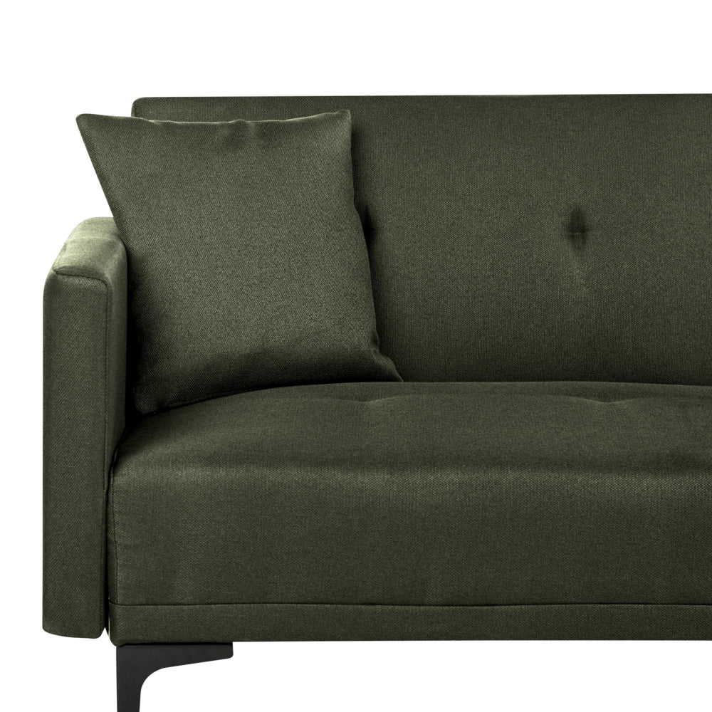 Divano letto moderno in tessuto verde scuro a 3 posti con schienale con bottoni gambe nero design moderno scandinavo