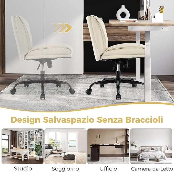 Sedia Ufficio con Ruote, Sedia da Scrivania Senza Braccioli con Schienale e Sedile Ampi, Altezza Regolabile, Meccanismo a Gas, Girevole a 360°, Portata 150 kg