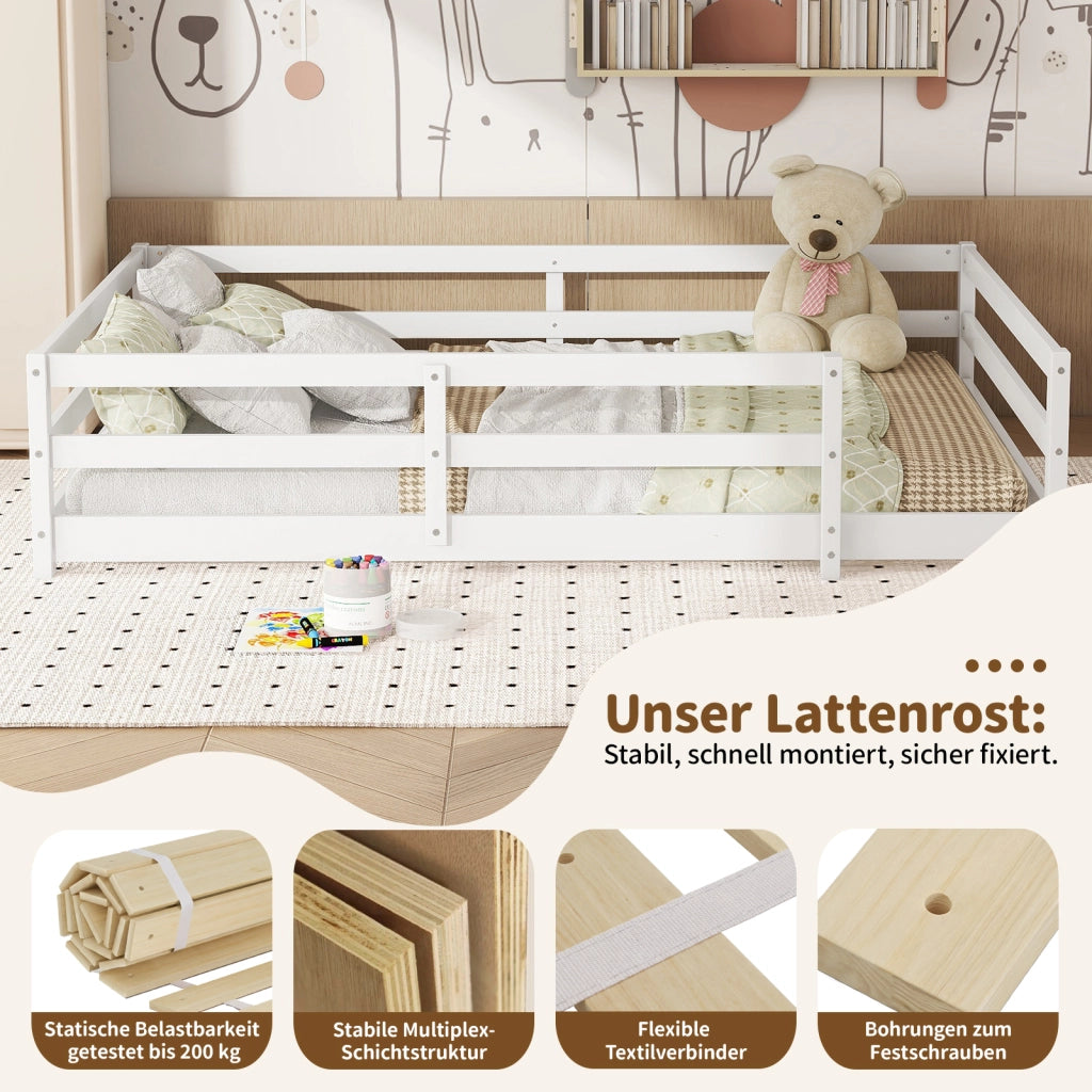 Letto per bambini 140 × 200 cm con barriera a 4 lati, senza materasso, in legno di pino, bianco