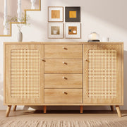CREDENZA 140x40x86 cm Rovere Chiaro Effetto Rattan 4 Cassetti 2 Ante