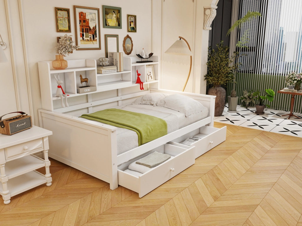 Divano letto singolo con 2 cassetti e vani portaoggetti in legno bianco per bambini e ragazzi 90 × 200 cm