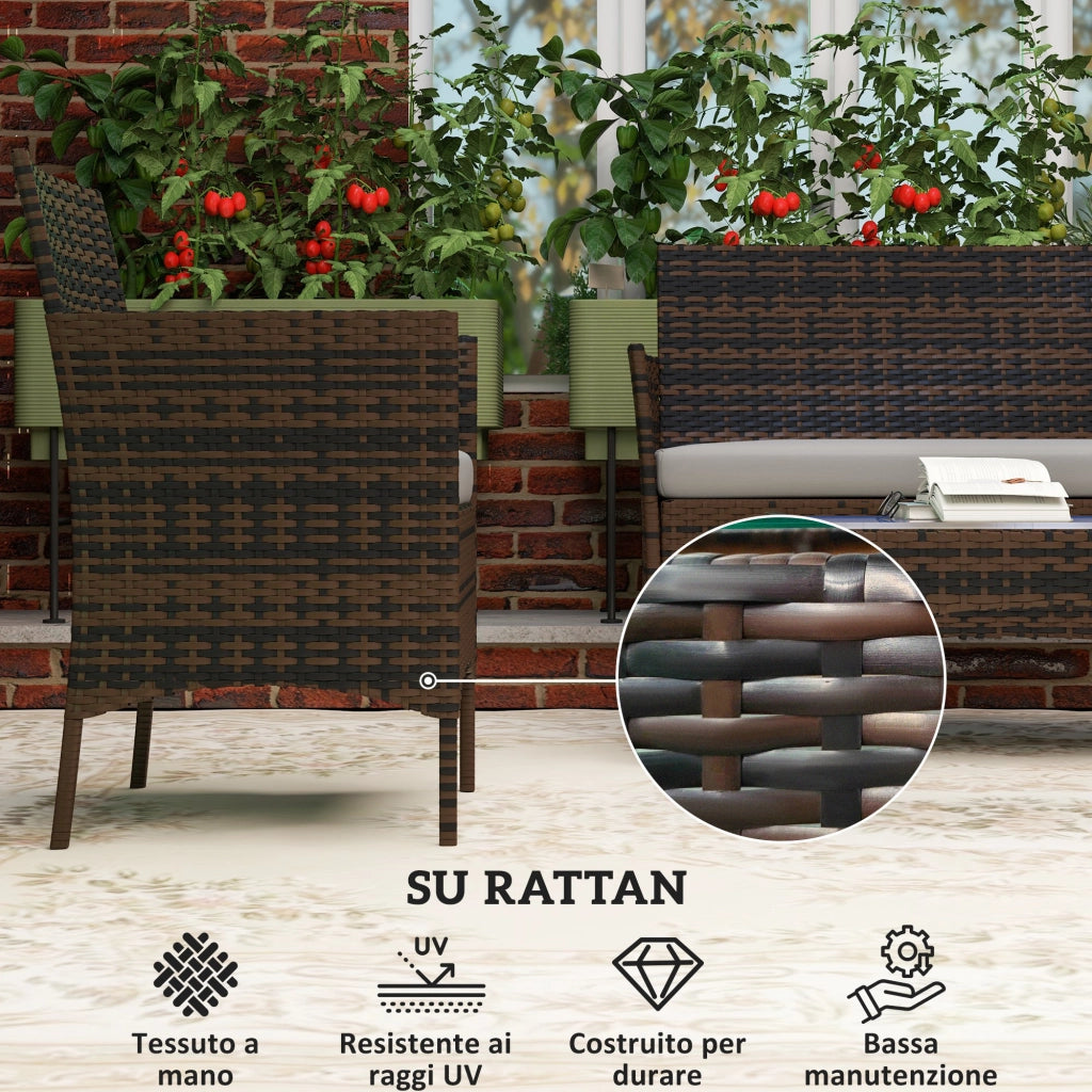 Set da Giardino con Divano 2 Posti 2 Sedie e Tavolino Basso in Rattan e Acciaio Grigio e Marrone