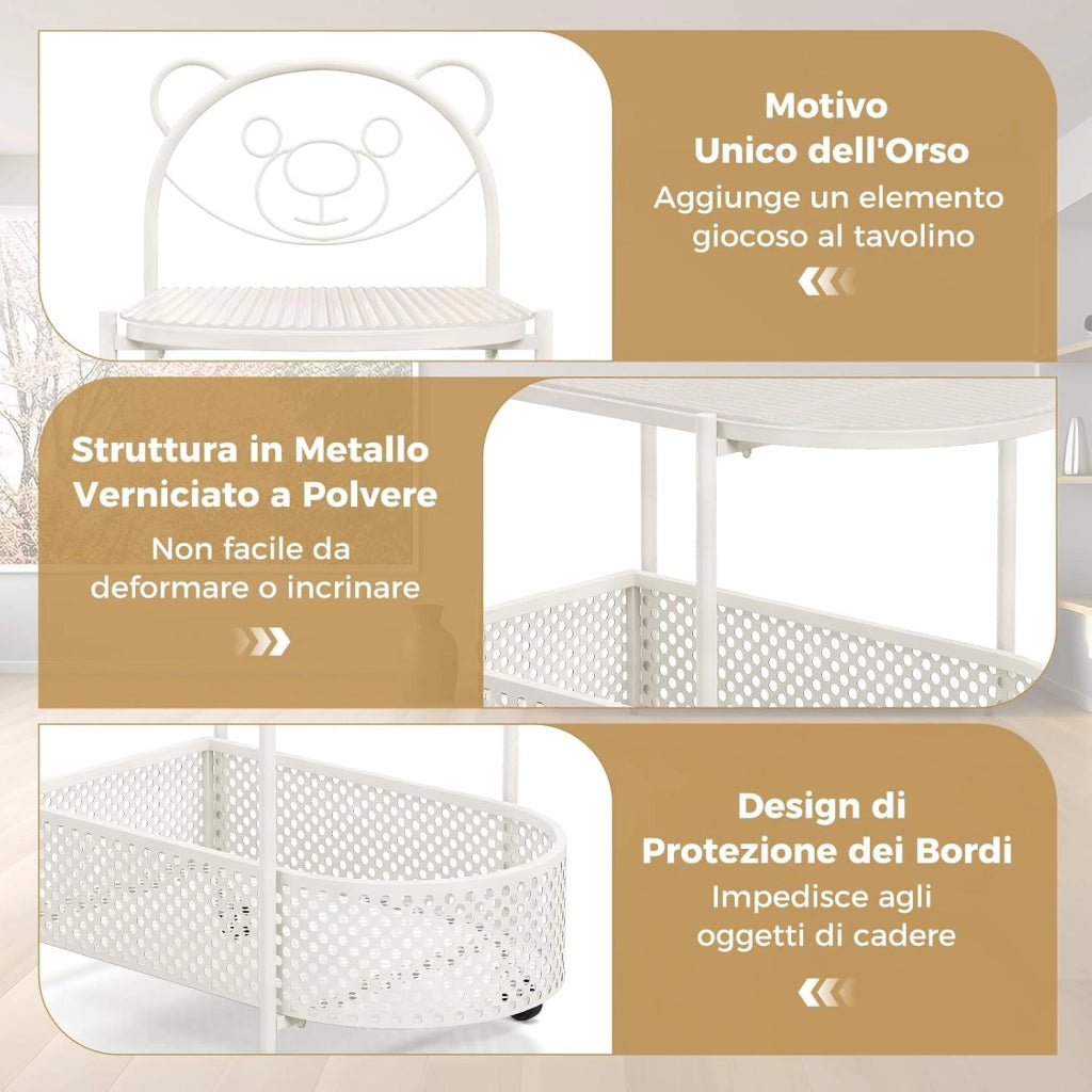 Tavolino da Caffè in Vetro a 2 Livelli, Tavolino Laterale con Ruote Bloccabili, Motivo Orso e Cesta di Stoccaggio, Tavolino per Salotto, Camera da Letto e Studio (Bianco)