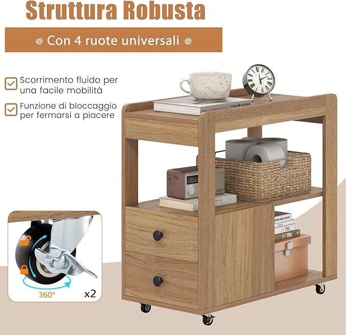 Tavolino da Salotto, Tavolino Moderno Laterale a 2 Cassetti con Ripiani Aperti e Ruote Universali Bloccabili, Tavolo Stretto per Soggiorno, Camera da Letto e Ufficio (Naturale)