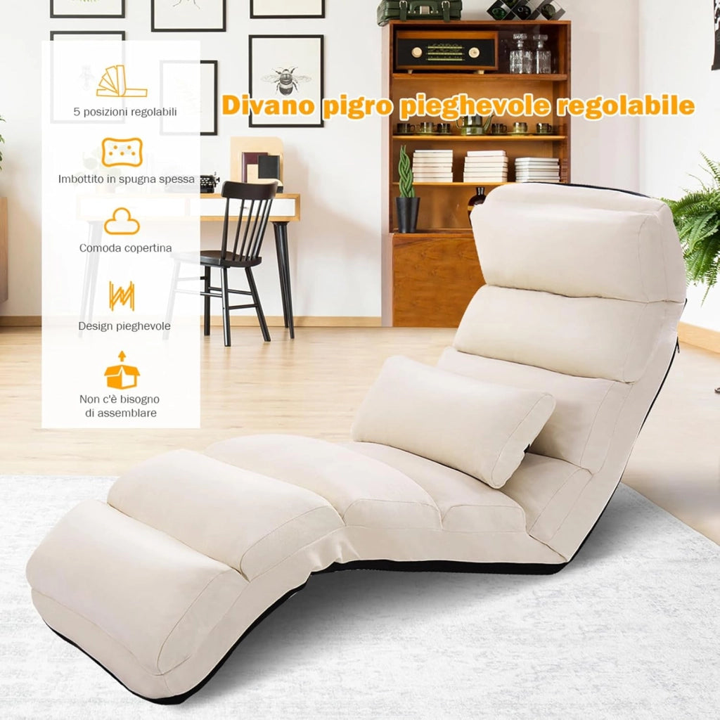 Sedia Pieghevole da Pavimento Portatile, Divano Imbottito, Regolabile in 5 Posizioni, Supporto per la Schiena, Ideale per Rilassarsi Leggere (Beige)