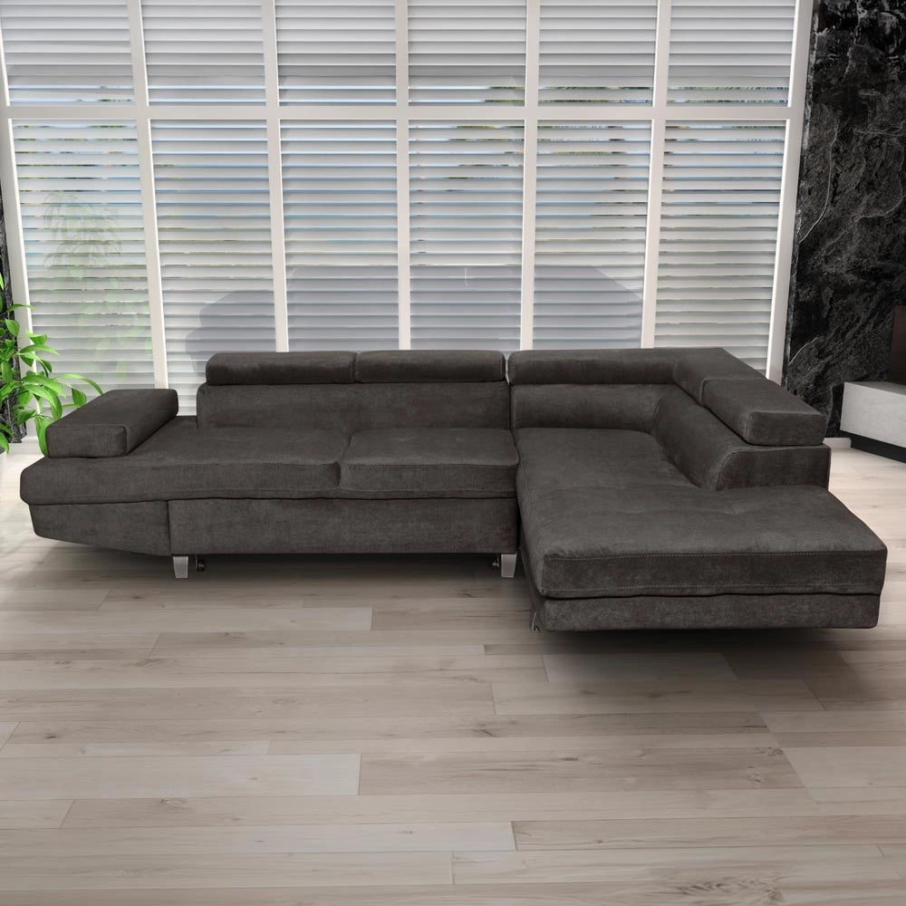 Divano letto angolare Rio con penisola contenitore destra in tessuto grigio scuro 272 cm