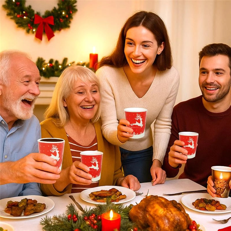 BICCHIERI DI CARTA DI NATALE ROSSO CON RENNA 50PZ 200CC