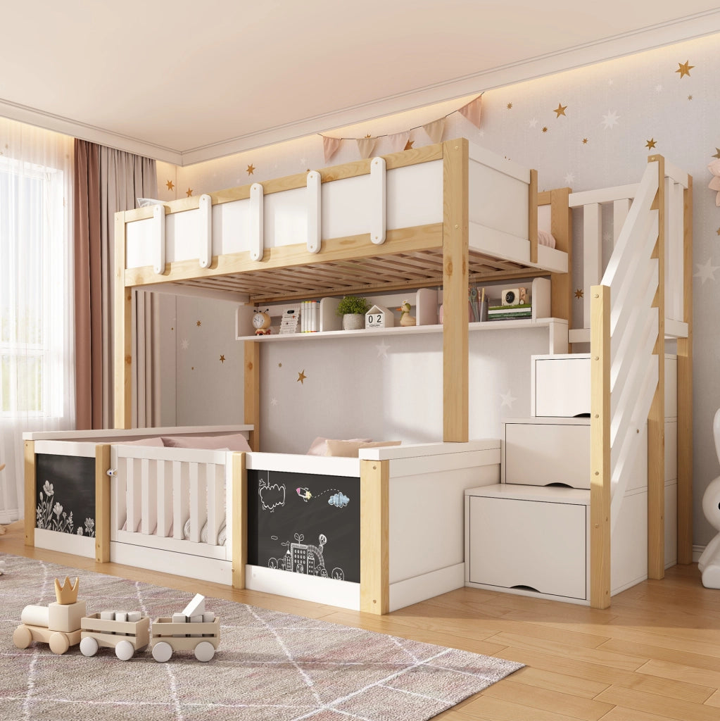 Letto a castello 90x200 e 140x200 cm in legno massello, MDF e compensato bianco