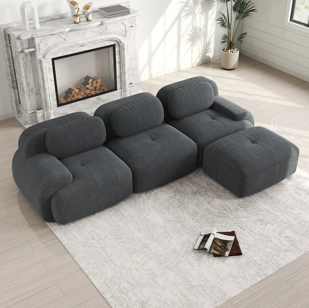 Divano angolare modulare senza montaggio in velluto a coste; 298x178x70 cm; grigio