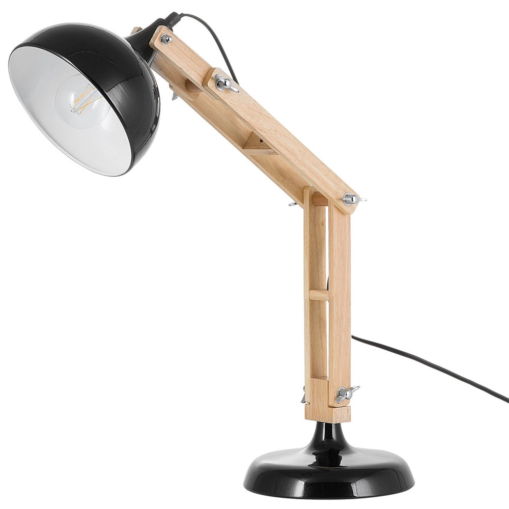 Lampada da scrivania nera Luce di legno Swing Braccio regolabile Paralume di metallo Luce da tavolo