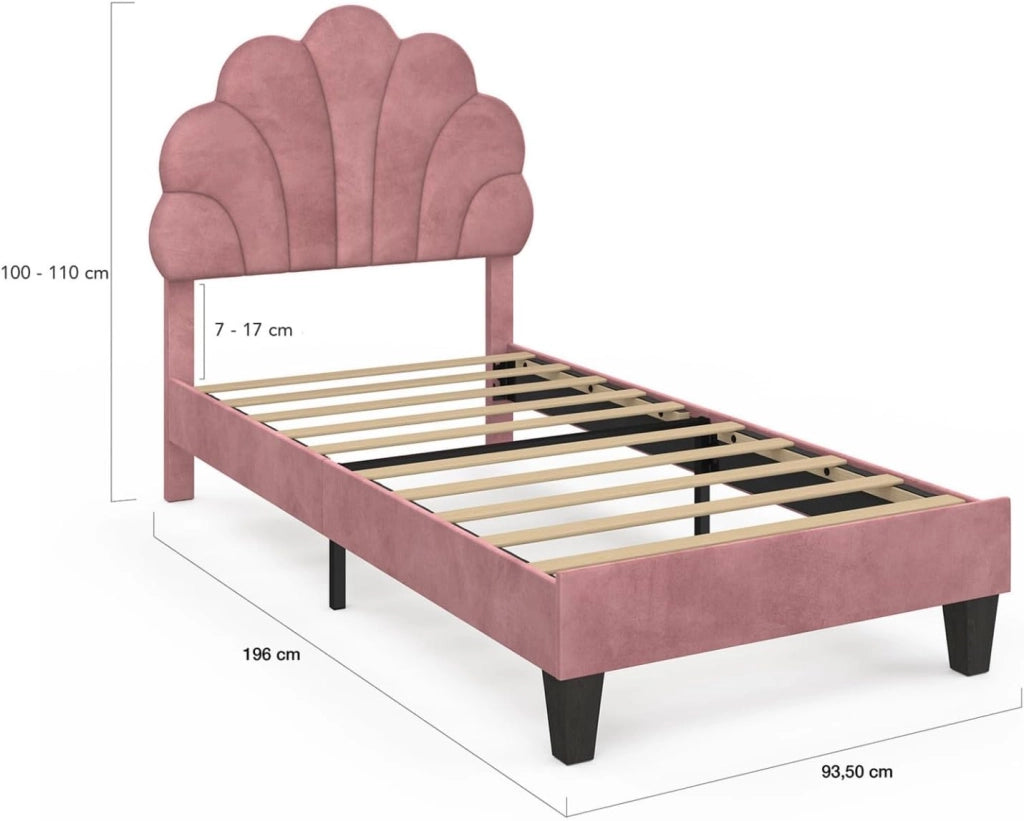 Letto singolo a conchiglia AMANDA 90 x 190 cm con base in velluto rosa cipria
